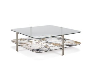 Table basse design haut de gamme Biplane par Cattelan Italia, plateaux verre et céramique Marmi avec structure acier et détails laiton, disponible chez D-Style Interior.