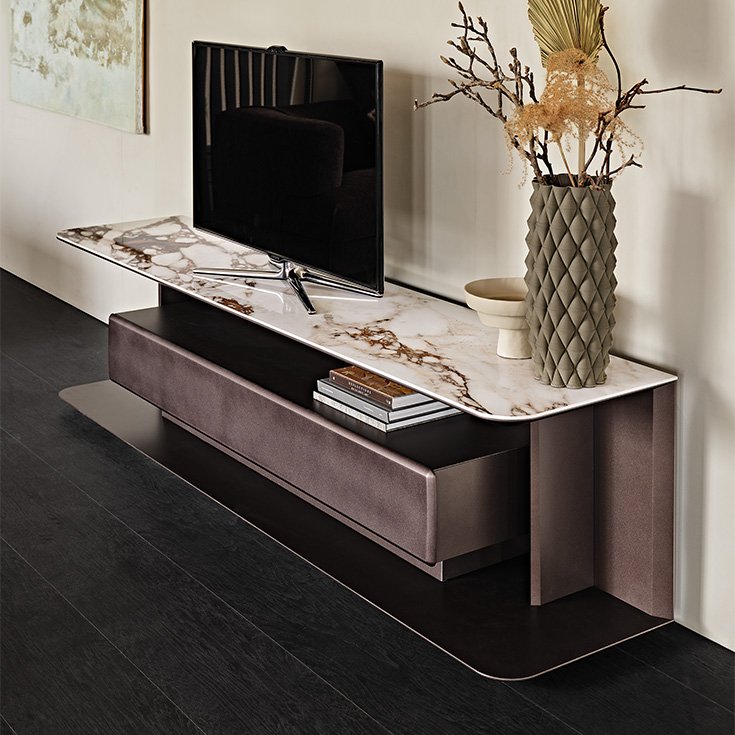 Meuble TV design haut de gamme Award par Cattelan Italia, plateau céramique Marmi et structure bois laqué, disponible chez D-Style Interior