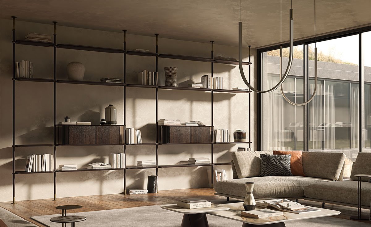 Bibliothèque design haut de gamme Harbour Cattelan Italia, bibliothèque modulaire murale/plafond avec étagères bois, disponible chez D-Style Interior.