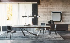 Skorpio Keramik Premium de Cattelan Italia marie acier sculptural et céramique raffinée pour une table au design italien d’exception. Disponible chez D-Style Interior.