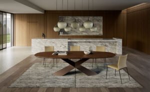 Tyron Wood table design haut de gamme avec base en acier laqué embossé par Cattelan Italia. Disponible chez D-Style Interior.