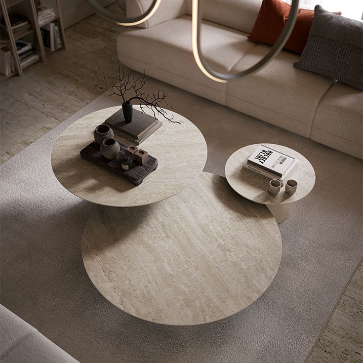 Table basse design haut de gamme Albert Keramik par Cattelan Italia, plateau céramique Marmi avec base conique métallique, disponible chez D-Style Interior.