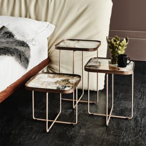Table basse design haut de gamme Benny Keramik par Cattelan Italia, plateau céramique Marmi carré avec pieds en X, disponible chez D-Style Interior.