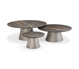 Table basse design haut de gamme Albert Keramik par Cattelan Italia, plateau céramique Marmi avec base conique métallique, disponible chez D-Style Interior.