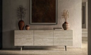 Buffet design haut de gamme Metropol par Cattelan Italia, portes céramique Marmi avec structure bois laqué, disponible chez D-Style Interior