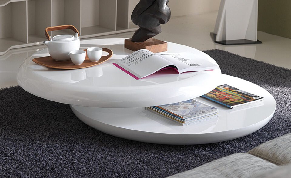 Table basse design haut de gamme Yo-Yo Cattelan Italia, plateau rotatif laqué blanc poli, disponible chez D-Style Interior.