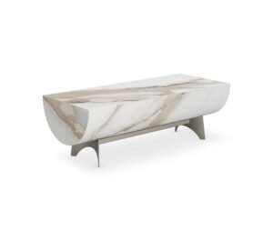 Table basse design haut de gamme Caesar par Cattelan Italia, en céramique Marmi avec structure semi-circulaire sur base métallique, disponible chez D-Style Interior.