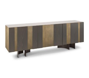 Buffet design haut de gamme Amsterdam par Cattelan Italia, finition Oxybrass avec inserts chêne brûlé et plateau verre miroir, disponible chez D-Style Interior