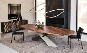 Tyron Wood table design haut de gamme avec base en acier laqué embossé par Cattelan Italia. Disponible chez D-Style Interior.