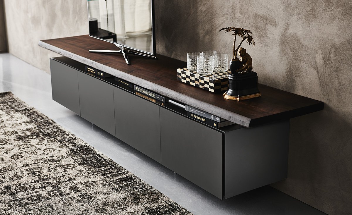 Meuble TV design haut de gamme Seneca par Cattelan Italia, portes laquées avec plateau bois et rangement ouvert, disponible chez D-Style Interior.