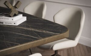 Scott Keramik Premium table de Cattelan Italia incarne la fusion entre sculpture et design, avec son plateau en céramique marbrée et sa base métallique élégante. Disponible chez D-Style Interior.