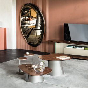 Table basse design haut de gamme Adrian Wood par Cattelan Italia, plateau bois avec incrustations contrastées et base conique métallique, disponible chez D-Style Interior.