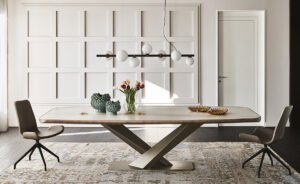 Stratos Keramik Premium table design haut de gamme par Cattelan Italia, base en acier embossé et plateau en céramique Marmi Premium. Disponible chez D-Style Interior.