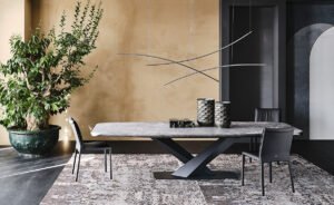Stratos Keramik Premium table design haut de gamme par Cattelan Italia, base en acier embossé et plateau en céramique Marmi Premium. Disponible chez D-Style Interior.