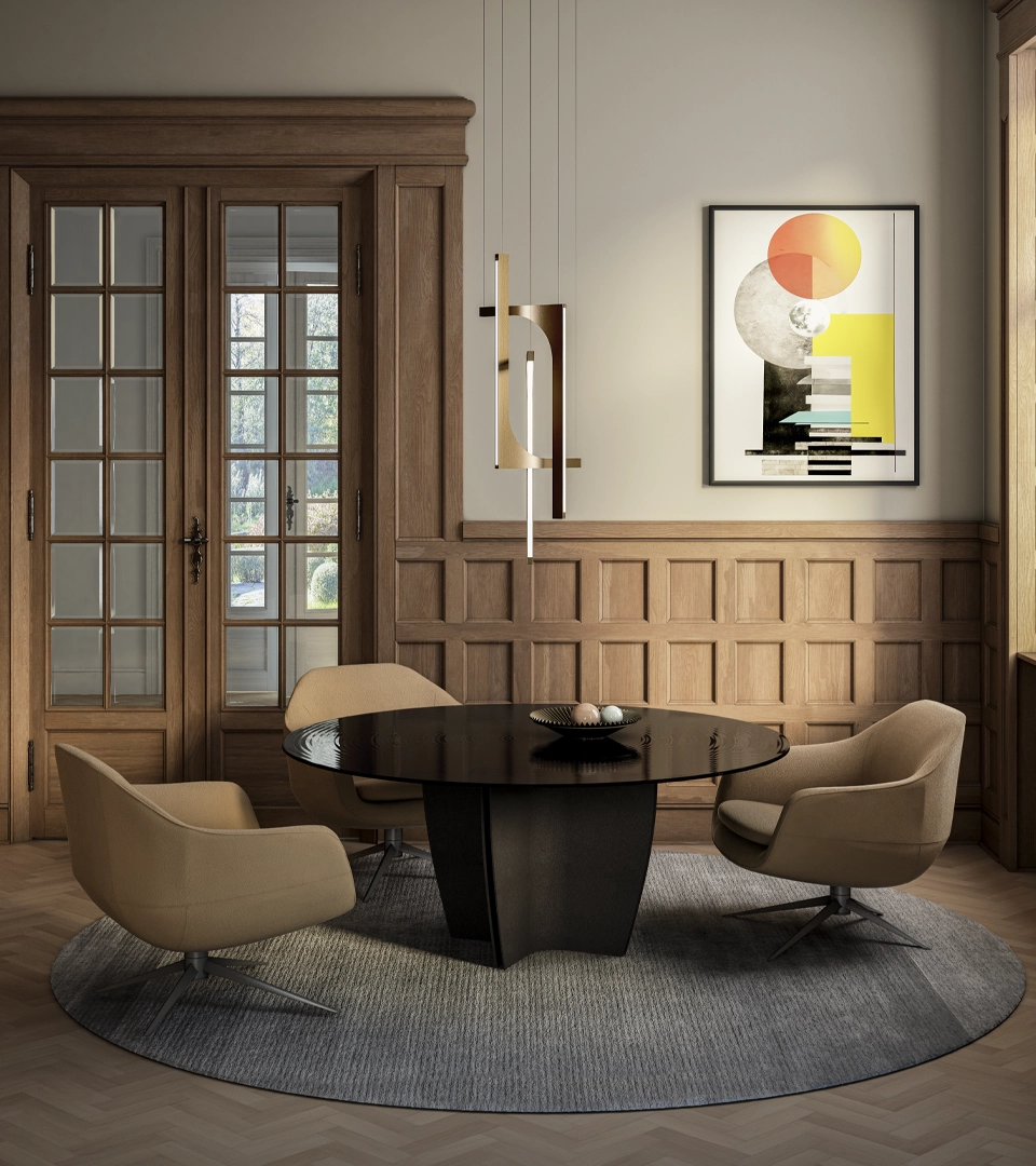 Table à manger design haut de gamme Gambler par Arketipo, plateau circulaire rayé design Lorenzo Remedi, disponible chez D-Style Interior