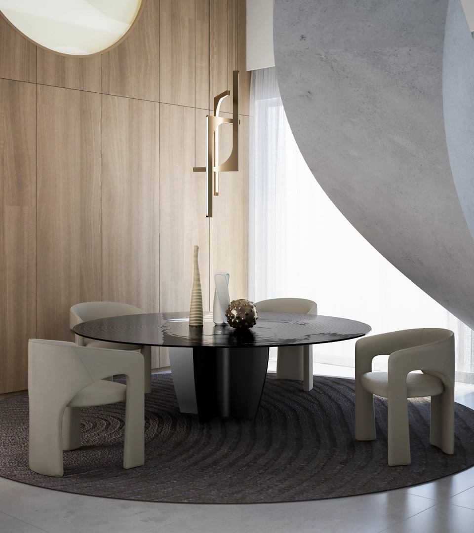 Table à manger design haut de gamme Gambler par Arketipo, plateau circulaire rayé design Lorenzo Remedi, disponible chez D-Style Interior
