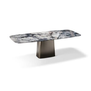 Table à manger design haut de gamme Icon par Arketipo, plateau marbre Moon grey avec pilier central métal, disponible chez D-Style Interior