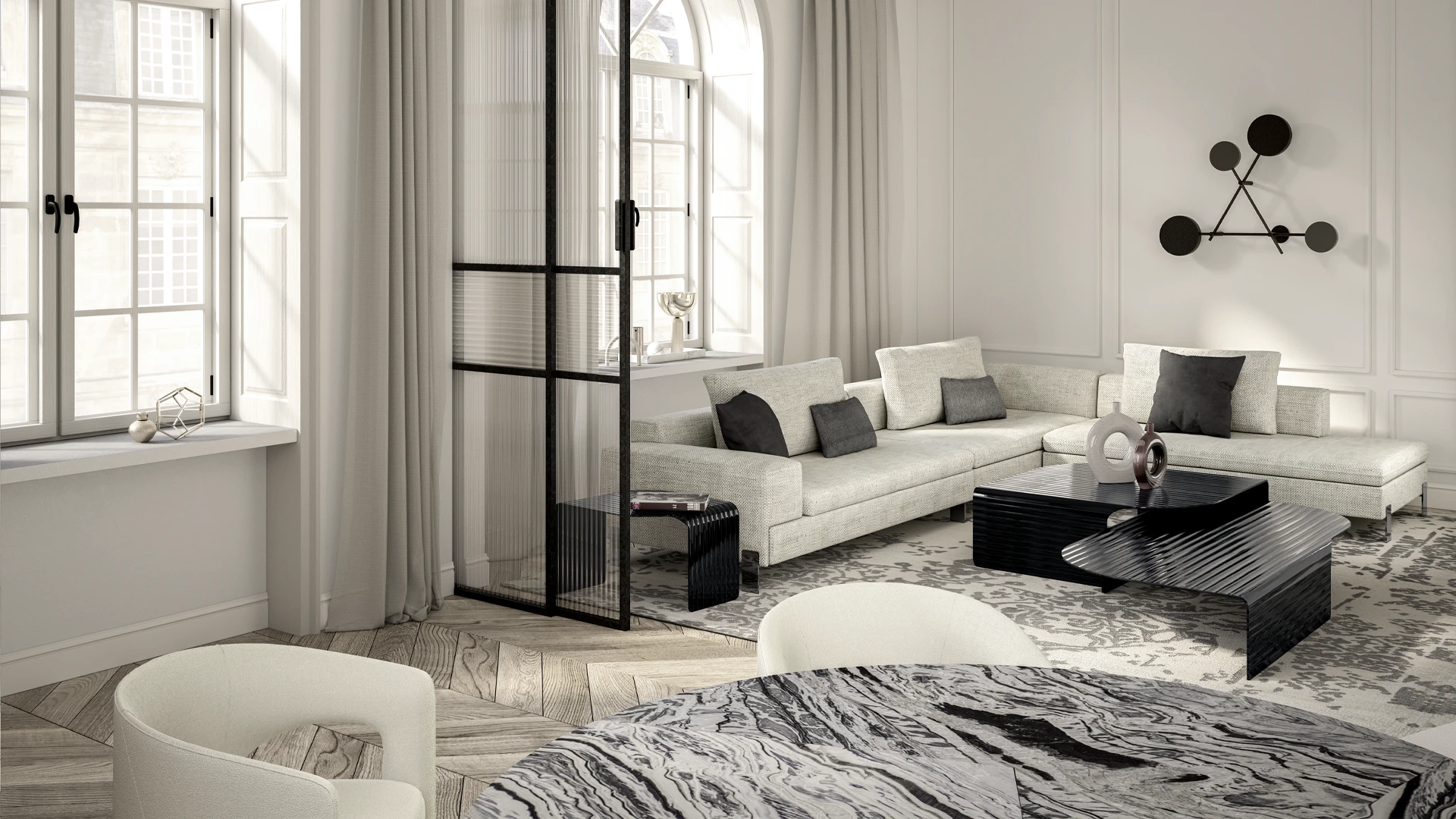 Table basse design haut de gamme Blackjoy Arketipo par Lorenzo Remedi, en verre foncé strié, disponible chez D-Style Interior.
