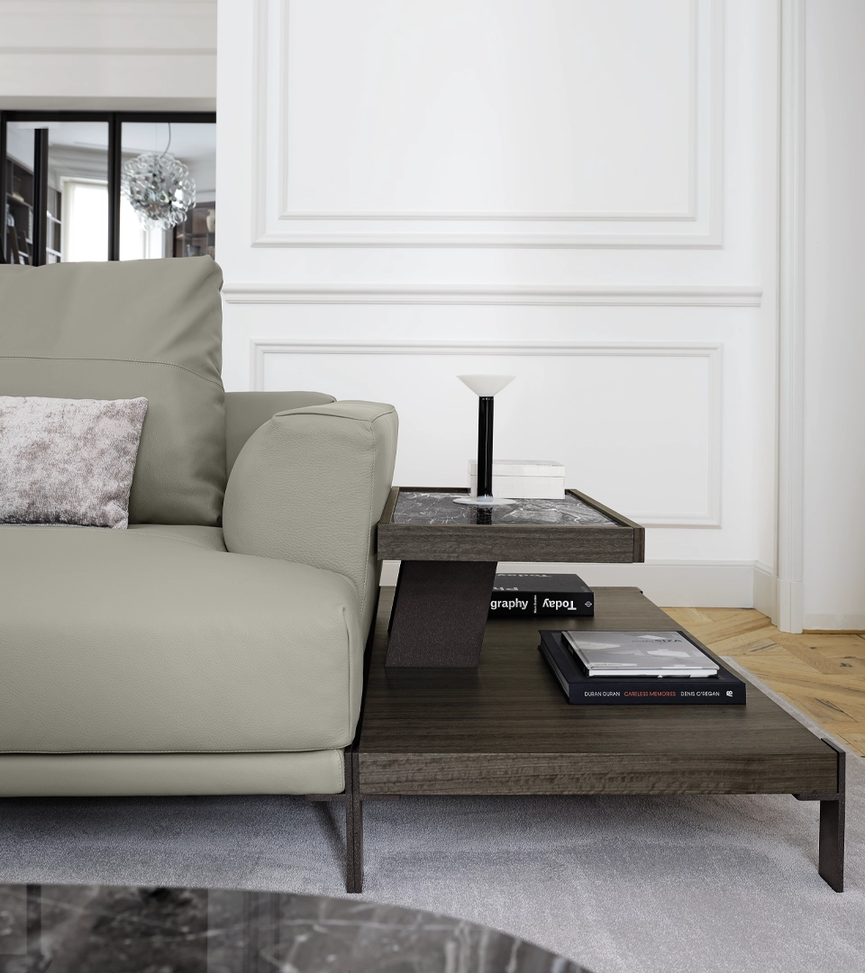 Table basse design haut de gamme That's Life par Arketipo, design Mauro Lipparini, plateaux bois et marbre, disponible chez D-Style Interior.