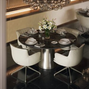 Yoda Keramik table design haut de gamme en céramique Marmi avec base sculpturale en acier. Disponible chez D-Style Interior.