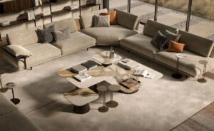 Table basse design haut de gamme Albert Keramik S par Cattelan Italia, plateau céramique Marmi avec base conique métallique, disponible chez D-Style Interior.