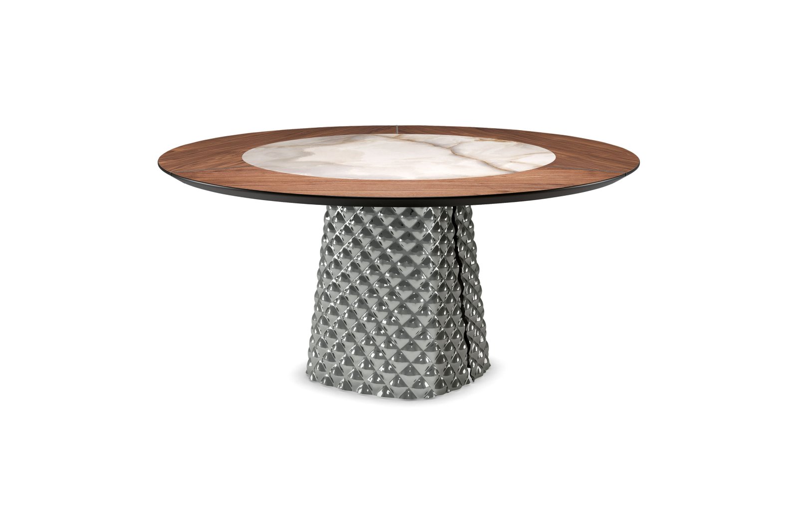 Toggle navigation ATRIUM Ker-Wood Round Home | products | tables Overview Gallery Technical Details Family Finishes Videos Recommended Products ATRIUM Ker-Wood Round Gallery Home | products | tables ATRIUM Ker-Wood Round Year: 2022 The Atrium family of tables comes in numerous versions to meet the most varied aesthetic needs and optimally furnish a modern dining room. The central base consists of two finely worked plates of couture mirrored glass. The table creates a play of soft reflections, in which the surrounding objects and light sources reverberate. The glass is shaped with an unprecedented technique that gives the surface a three-dimensional effect like quilting on fabric. The table tops of the Atrium line range from wood to ceramics up to round tables in wood and ceramics combined. The numerous attractive versions available are: Atrium Keramik, Atrium Keramik Premium, Atrium Keramik Round, Atrium Keramik Premium Round, Atrium Ker-Wood Round, Atrium Wood and Atrium Wood Round. The family is completed by the modern consoles Atrium Keramik and Atrium Wood, both fascinating and functional. Note: Atrium base, REGISTERED DESIGN Share: Home | products | tables Explore the unique settings and let yourself be swept away by the precious finishes and the sculptural shapes of the modern furnitures designed by Cattelan Italia 1 Home | products | tables ATRIUM Ker-Wood Round Table with base in mirrored and quilted fumé or bronze curved glass. Top in Canaletto walnut (NC) or burned oak (RB) with insert in ceramic Marmi Alabastro (KM02), matt Golden Calacatta (KM05), glossy Golden Calacatta (KM06), matt Portoro (KM07), glossy Portoro (KM08), glossy Sahara Noir (KM09), Makalu (KM11), Breccia (KM12), matt Borghini Calacatta (KM18), Colosseo (KM21), Andromeda (KM22), matt Invisible (KM24) or Luxor (KS23). Black chrome (06) details. "T" version with swiveling ceramic insert. Technical Drawings Dimensions ø160x74,5h 7 ø160x74,5h - T 7 ø180x74,5h 8 ø180x74,5h - T 8 Product Sheet Product Sheet ATRIUM Ker-Wood Round Packaging materials The packaging of this product consists of recyclable non-composite materials.We provide you with information on the materials with which this product is packaged, to help you sort them in the separate waste collection, so that they are actually used to produce secondary raw material. Wood High-density polyethylene Low-density polyethylene Corrugated fibreboard The capitonnè workmanship with a three-dimensional effect makes the Atrium family of tables and consoles inimitable Atrium Keramik Year: 2022 Console with base in mirrored and quilted fumé or bronze curved glass. Top in ceramic Marmi Alabastro (KM02), matt Golden Calacatta (KM05), glossy Golden Calacatta (KM06), matt Portoro (KM07), glossy Portoro (KM08), glossy Sahara Noir (KM09), Makalu (KM11), Breccia (KM12), Corcovado (KM14), Kaindy (KM16), Borghini Calacatta opaco (KM18), Borghini Calacatta lucido (KM19), Colosseo (KM21), Andromeda (KM22), matt Invisible (KM24) or Luxor (KS23). Wall anchorage is necessary. continue Atrium Wood Year: 2025 Console with base in mirrored and quilted fumé or bronze curved glass. Top in Canaletto walnut (NC) with details in burned oak or burned oak (RB) with details in Canaletto walnut. Wall anchorage is necessary. continue Atrium Keramik Year: 2022 Table with base in mirrored and quilted fumé or bronze curved glass. Top in ceramic Marmi Alabastro (KM02), matt Golden Calacatta (KM05), glossy Golden Calacatta (KM06), matt Portoro (KM07), glossy Portoro (KM08), glossy Sahara Noir (KM09), Makalu (KM11), Breccia (KM12), Corcovado (KM14), Kaindy (KM16), matt Borghini Calacatta (KM18), glossy Borghini Calacatta (KM19), Colosseo (KM21), Andromeda (KM22), matt Invisible (KM24) or Luxor (KS23). The top is laid on the base. continue Atrium Keramik Premium Year: 2022 Table with base in mirrored and quilted fumé or bronze curved glass. Top in ceramic Marmi Alabastro (KM02), matt Golden Calacatta (KM05), glossy Golden Calacatta (KM06), matt Portoro (KM07), glossy Portoro (KM08), glossy Sahara Noir (KM09), Makalu (KM11), Breccia (KM12), Borghini Calacatta opaco (KM18), Borghini Calacatta lucido (KM19), Colosseo (KM21), Andromeda (KM22), matt Invisible (KM24) or Luxor (KS23) with Brushed Bronze or Brushed Grey lacquered and rounded lower profile. Colour and brushing variations of the Brushed finish are characteristics of the handcrafted processing and should not be considered as defects. continue Atrium Keramik Premium Round Year: 2022 Table with base in mirrored and quilted fumé or bronze curved glass. Top in ceramic Marmi Alabastro (KM02), matt Golden Calacatta (KM05), glossy Golden Calacatta (KM06), matt Portoro (KM07), glossy Portoro (KM08), glossy Sahara Noir (KM09), Makalu (KM11), Breccia (KM12), Borghini Calacatta opaco (KM18), Colosseo (KM21), Andromeda (KM22), matt Invisible (KM24) or Luxor (KS23) with Brushed Bronze or Brushed Grey lacquered and rounded lower profile. Colour and brushing variations of the Brushed finish are characteristics of the handcrafted processing and should not be considered as defects. continue Atrium Keramik Round Year: 2022 Table with base in mirrored and quilted fumé or bronze curved glass. Top in ceramic Marmi in Alabastro (KM02), matt Golden Calacatta (KM05), glossy Golden Calacatta (KM06), matt Portoro (KM07), glossy Portoro (KM08), glossy Sahara Noir (KM09), Makalu (KM11), Breccia (KM12), Borghini Calacatta opaco (KM18) Colosseo (KM21), Andromeda (KM22), matt Invisible (KM24) or Luxor (KS23). Optional central swiveling tray Lazy Susan. continue Atrium Wood Year: 2022 Table with base in mirrored and quilted fumé or bronze curved glass. Version "B": barrel top with angled edges in Canaletto walnut (NC) or burned oak (RB). "Masterwood" version: boat shaped top in Canaletto walnut (NC) or burned oak (RB) made of diagonal wooden planks of different sizes. Oblique and rounded edges. Colour and brushing variations of the Brushed finish are characteristics of the handcrafted processing and should not be considered as defects. continue Atrium Wood Round Year: 2022 Table with base in mirrored and quilted fumé or bronze curved glass. Top in Canaletto walnut (NC) or burned oak (RB). continue Atrium Keramik Year: 2022 Console with base in mirrored and quilted fumé or bronze curved glass. Top in ceramic Marmi Alabastro (KM02), matt Golden Calacatta (KM05), glossy Golden Calacatta (KM06), matt Portoro (KM07), glossy Portoro (KM08), glossy Sahara Noir (KM09), Makalu (KM11), Breccia (KM12), Corcovado (KM14), Kaindy (KM16), Borghini Calacatta opaco (KM18), Borghini Calacatta lucido (KM19), Colosseo (KM21), Andromeda (KM22), matt Invisible (KM24) or Luxor (KS23). Wall anchorage is necessary. continue Atrium Wood Year: 2025 Console with base in mirrored and quilted fumé or bronze curved glass. Top in Canaletto walnut (NC) with details in burned oak or burned oak (RB) with details in Canaletto walnut. Wall anchorage is necessary. continue Atrium Keramik Year: 2022 Table with base in mirrored and quilted fumé or bronze curved glass. Top in ceramic Marmi Alabastro (KM02), matt Golden Calacatta (KM05), glossy Golden Calacatta (KM06), matt Portoro (KM07), glossy Portoro (KM08), glossy Sahara Noir (KM09), Makalu (KM11), Breccia (KM12), Corcovado (KM14), Kaindy (KM16), matt Borghini Calacatta (KM18), glossy Borghini Calacatta (KM19), Colosseo (KM21), Andromeda (KM22), matt Invisible (KM24) or Luxor (KS23). The top is laid on the base. continue Atrium Keramik Premium Year: 2022 Table with base in mirrored and quilted fumé or bronze curved glass. Top in ceramic Marmi Alabastro (KM02), matt Golden Calacatta (KM05), glossy Golden Calacatta (KM06), matt Portoro (KM07), glossy Portoro (KM08), glossy Sahara Noir (KM09), Makalu (KM11), Breccia (KM12), Borghini Calacatta opaco (KM18), Borghini Calacatta lucido (KM19), Colosseo (KM21), Andromeda (KM22), matt Invisible (KM24) or Luxor (KS23) with Brushed Bronze or Brushed Grey lacquered and rounded lower profile. Colour and brushing variations of the Brushed finish are characteristics of the handcrafted processing and should not be considered as defects. continue PreviousNext Home | products | tables Finiture Explore the finishes and customize your favourite design pieces Base Insert Top bronze mirrored quilted KS23 Luxor NC walnut canaletto BaseInsertTop Glass BRONZE Mirrored quilted FUMÉ Mirrored quilted The 2022 collection of Cattelan Italia tables meet numerous needs. They range from sculptural to minimal forms, from natural materials to the most modern ones Explore the products that complement the collection which boasts of an authentic and sophisticated design, they are conceived to become functional and comfortable life partners. Your rooms deserve to be customized according to your unique style. You might be interested in Biarritz Biarritz came from an idea by Oriano Favaretto, a modern ceiling lamp that recalls the compositions of shapes and materials from the avant-garde metaphysical current. Like satellites, lampshades of different sizes and colours gravitate around the steel circumference, illuminated internally by LED lights. Other elements are animated by light, such as the opaque glass sphere and the ribbed stem. The apparently random composition is the result of a precise study of weights and volumes to find the perfect balance for this modern lamp that gives the room a sophisticated, high-end allure. continue Coimbra The Coimbra suspended glass lamp consists of a transparent sphere, flattened in the centre, which houses a painted glass bell inside. Everything about this design lamp, from its soft curves to the combination of complementary, transparent and reflective finishes, contributes to decorating a space with harmony and lightness, even when the light is off. Coimbra is suitable for lighting a dining room, with an asymmetrical composition on multiple heights, descending gently at a side table next to a sofa, or lighting a comfortable reading corner. continue Soho Ker-wood The round tables of the Soho family are iconic and sculptured, a real piece of architecture in the living room. Key items in the room, this modern table places form at the service of function and adapts perfectly to the quality of the raw materials, for a spectacular result. In the Soho Keramik version, the graphic and essential steel base supports a top in refined shades of Marmi ceramic. The Soho Ker-Wood model, on the other hand, is created from an unprecedented combination of precious woods and the original ceramic insert. continue Camilla A design with sinuous lines that envelop the body, support posture and help make modern dining rooms cosy environments you can feel at home in. The Camilla family of armchairs and stools is the perfect example of a chair with upholstered arms that complements a room with the subtlety and sensuality you wish for in a home environment. The horizontal stitching on the back part of the backrest results in 3 upholstered projections that finish evenly and seamlessly in the armrest. In the lower part of the backrest, the deep frame and leg joints further accentuate the softness of the enveloping curves. This designer armchair comes in two variants: Camilla, with legs in fine wood, and Camilla ML, with metal legs, making it lighter and more manoeuvrable. Both variants strike the perfect balance between a spacious seat and graceful legs. To complete your room consistently, you can combine them with the Camilla Sgabello modern kitchen stools. As with other customisable seating families, the metal frame is available in different heights and shape variations, with shades to match the elegant leathers and fabrics in the sample collection. The family is rounded off by the modern swivel armchair, Camilla Lounge, whose wide, rounded seat and metal base streamline its ample silhouette. This armchair is also available in a fixed version, with four metal legs. continue Rhonda The rounded shapes in the Rhonda family of armchairs and stools exude a natural elegance that makes them ideal for furnishing comfortable and welcoming designer dining rooms. The soft folds that decorate the inside of the backrest contrast with the stretched frame that wraps around the body. This dining chair with armrests is available in several variants. The Rhonda model with metal legs is lighter and more manoeuvrable than the Rhonda Wood version, which features legs made of attractive, high-quality wood. The Rhonda Cantilever model, on the other hand, features the typical cantilever frame design, made up of a single steel bar, found in the cantilever chair line. A more functional or office-friendly option is the Rhonda Turn version of this designer swivel chair, made with a four-spoke base. To complete your room consistently, you can combine them with the designer counter stools: Rhonda Sgabello. As with other customisable seating families, the metal frame is available in different heights and shape variations, with shades to match the elegant leathers and fabrics in the sample collection. The family is rounded off by the modern swivel armchair, Rhonda Lounge, whose wide, rounded seat and swivel base streamline its ample silhouette. On the lower part of the backrest on each model, the deep frame and leg joints further accentuate the gentle curves of these elegant modern chairs. The Rhonda family provides the perfect combination of both elegance and practicality, and expressiveness and discretion. continue Blues To furnish an environment that conveys tranquillity and balance, but at the same time is a place to regenerate and find new stimuli, the secret is to choose fluid shapes with intriguing decorative details that blend delicately with the design. The Blues design sideboard designed by Giorgio Cattelan and Andrea Lucatello bases its raison d’être precisely on this aesthetic concept. Perfectly symmetrical, it is characterised by a rounded shape with a recess in the centre. Its external doors, when opened, unfold like the wings of a seagull, revealing the interior enriched by fine glass tops. The lack of excess in the finishes is balanced by the unique shape, while the mirrored top embellishes this modern lacquered wood sideboard and makes it worthy of a sophisticated design living room. continue Kimi The Cattelan Italia collection of modern rugs is designed to complement a welcoming home, as well as contract interior design projects. Our designer rugs are made with fibres that are pleasantly soft to the touch. These modern carpets harmoniously match with the surrounding interior design, thanks to the geometric decorative patterns with a slight relief and the soft and bright chromatic contrasts. A range of different sizes of modern rectangular rugs is available, as well as some round rug models. For proper maintenance of your precious Cattelan Italia rug, professional dry cleaning is recommended. continue Akumal With the Akumal model, Paolo Cattelan perfectly combines function and decorative appearance. The vertical shape of this modern mirror can comfortably reflect the human figure, but its refined elegance is what immediately catches the eye. This mirror is full of irregular sinuous curves that embrace the room. It is composed on two levels: the upper one is mirrored while the lower one is smoked transparent. When equipped with LED light, facing the wall as a light frame, the decorative function of this design mirror increases further. continue Biarritz Biarritz came from an idea by Oriano Favaretto, a modern ceiling lamp that recalls the compositions of shapes and materials from the avant-garde metaphysical current. Like satellites, lampshades of different sizes and colours gravitate around the steel circumference, illuminated internally by LED lights. Other elements are animated by light, such as the opaque glass sphere and the ribbed stem. The apparently random composition is the result of a precise study of weights and volumes to find the perfect balance for this modern lamp that gives the room a sophisticated, high-end allure. continue Coimbra The Coimbra suspended glass lamp consists of a transparent sphere, flattened in the centre, which houses a painted glass bell inside. Everything about this design lamp, from its soft curves to the combination of complementary, transparent and reflective finishes, contributes to decorating a space with harmony and lightness, even when the light is off. Coimbra is suitable for lighting a dining room, with an asymmetrical composition on multiple heights, descending gently at a side table next to a sofa, or lighting a comfortable reading corner. continue Soho Ker-wood The round tables of the Soho family are iconic and sculptured, a real piece of architecture in the living room. Key items in the room, this modern table places form at the service of function and adapts perfectly to the quality of the raw materials, for a spectacular result. In the Soho Keramik version, the graphic and essential steel base supports a top in refined shades of Marmi ceramic. The Soho Ker-Wood model, on the other hand, is created from an unprecedented combination of precious woods and the original ceramic insert. continue Camilla A design with sinuous lines that envelop the body, support posture and help make modern dining rooms cosy environments you can feel at home in. The Camilla family of armchairs and stools is the perfect example of a chair with upholstered arms that complements a room with the subtlety and sensuality you wish for in a home environment. The horizontal stitching on the back part of the backrest results in 3 upholstered projections that finish evenly and seamlessly in the armrest. In the lower part of the backrest, the deep frame and leg joints further accentuate the softness of the enveloping curves. This designer armchair comes in two variants: Camilla, with legs in fine wood, and Camilla ML, with metal legs, making it lighter and more manoeuvrable. Both variants strike the perfect balance between a spacious seat and graceful legs. To complete your room consistently, you can combine them with the Camilla Sgabello modern kitchen stools. As with other customisable seating families, the metal frame is available in different heights and shape variations, with shades to match the elegant leathers and fabrics in the sample collection. The family is rounded off by the modern swivel armchair, Camilla Lounge, whose wide, rounded seat and metal base streamline its ample silhouette. This armchair is also available in a fixed version, with four metal legs. continue PreviousNext Cattelan Italia spa - P.iva 00872290242 - T. +39 0445 318711 - F. +39 0445 314289 Follow us To have more information on Cattelan Italia products, write directly to : info@cattelanitalia.com IT - PrivacyNewsDealers – store locatorB2BCattelan Italia ConnectCOOKIES POLICYWhistleblowingCompany InformationCredits This website uses cookies to improve users' browsing experience and gather information on their use of the website. We use both technical and third-party cookies to send promotional messages based on user behaviour. Further information can be found in our privacy policy. SettingsACCEPT ALL