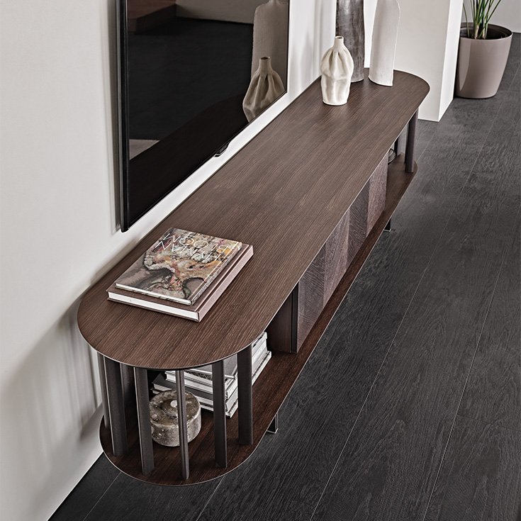 Meuble TV design haut de gamme Costes TV par Cattelan Italia, structure bois avec inserts métalliques bronze, disponible chez D-Style Interior