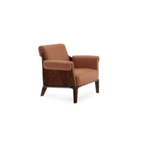 Sherwood | Fauteuil design Bentley Home en cuir ou tissu, dossier courbé, structure en bois plaqué, détails en acier gris canon, disponible chez D-Style Interior