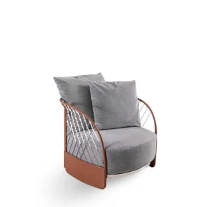 Solstice | Fauteuil design haut de gamme Bentley Home en acier inoxydable poli, cuir ou tissu d’extérieur, finitions Rust ou Deep Forest, disponible chez D-Style Interior