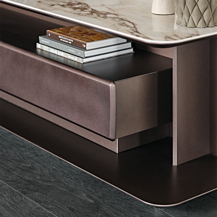 Meuble TV design haut de gamme Award par Cattelan Italia, plateau céramique Marmi et structure bois laqué, disponible chez D-Style Interior