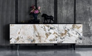 Buffet design haut de gamme Metropol par Cattelan Italia, portes céramique Marmi avec structure bois laqué, disponible chez D-Style Interior