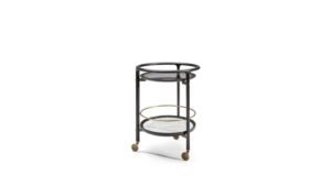 Bibliothèque design haut de gamme DUO Trolley par Poltrona Frau, structure frêne massif avec plateaux verre et marbre, détails laiton bronzé et roulettes