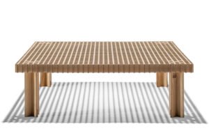Kyoto | Table basse design haut de gamme Poltrona Frau, plateau frêne massif avec inserts noyer Canaletto, pieds X amovibles, finition laquée noire ou naturelle, disponible chez D-Style Interior