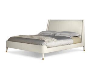 Suzie Wong Lit design haut de gamme par Poltrona Frau avec tête de lit rembourrée en cuir Pelle Frau® et pieds effilés, design italien chez D-Style Interior
