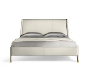 Suzie Wong Lit design haut de gamme par Poltrona Frau avec tête de lit rembourrée en cuir Pelle Frau® et pieds effilés, design italien chez D-Style Interior