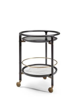 Bibliothèque mobile design haut de gamme DUO Trolley par Poltrona Frau, structure frêne massif avec plateaux verre et marbre, détails laiton bronzé et roulettes