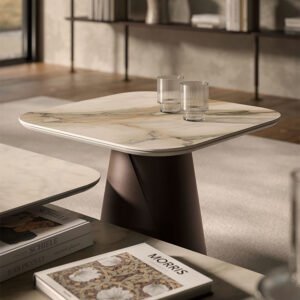 Table basse design haut de gamme Albert Keramik S par Cattelan Italia, plateau céramique Marmi avec base conique métallique, disponible chez D-Style Interior.