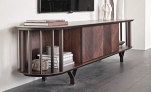 Meuble TV design haut de gamme Costes TV par Cattelan Italia, structure bois avec inserts métalliques bronze, disponible chez D-Style Interior
