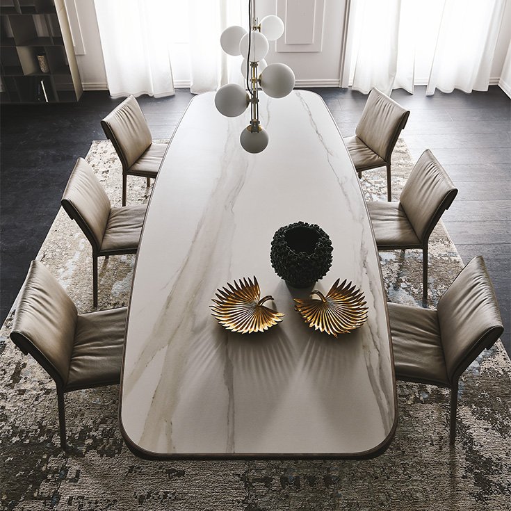Stratos Keramik Premium table design haut de gamme par Cattelan Italia, base en acier embossé et plateau en céramique Marmi Premium. Disponible chez D-Style Interior.