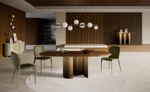 Papelito Wood table design haut de gamme alliant base sculpturale en acier et plateau en bois noble, inspirée des formes fluides de la nature. Disponible chez D-Style Interior.