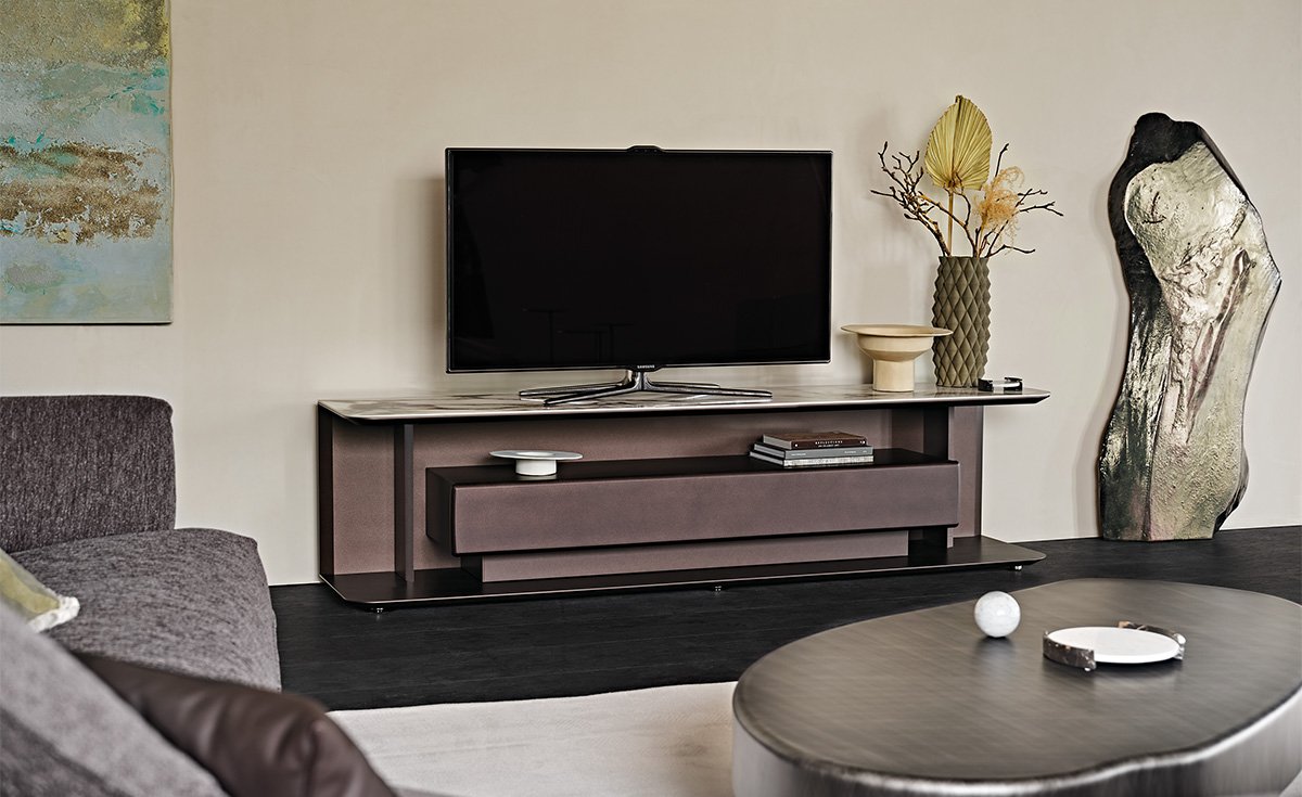 Meuble TV design haut de gamme Award par Cattelan Italia, plateau céramique Marmi et structure bois laqué, disponible chez D-Style Interior