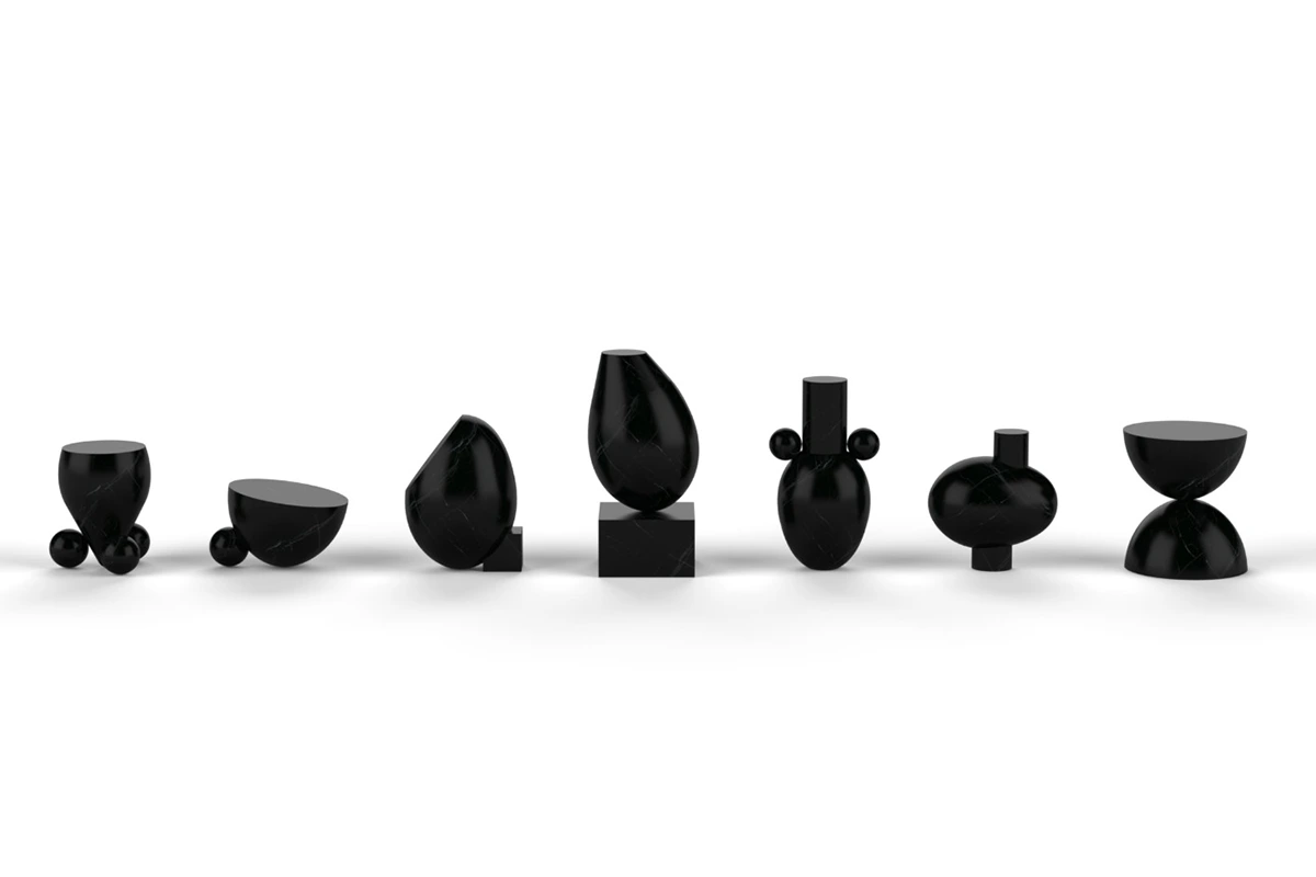 Origini Marmi par Amura Lab, une collection de sculptures en marbre inspirée par Giorgio Morandi. Disponible chez D-Style Interior.
