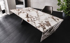 NASDAQ Keramik Bureau design au style monolithique avec plateau en céramique Marmi et structure en acier laqué gaufré. Disponible chez D-Style Interior.