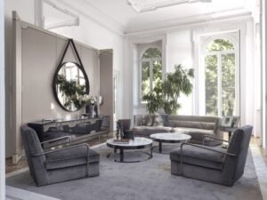 Biffi table basse de Vittoria Frigerio avec plateau en marbre ou grès et base métallique minimaliste. Disponible chez D-Style Interior.