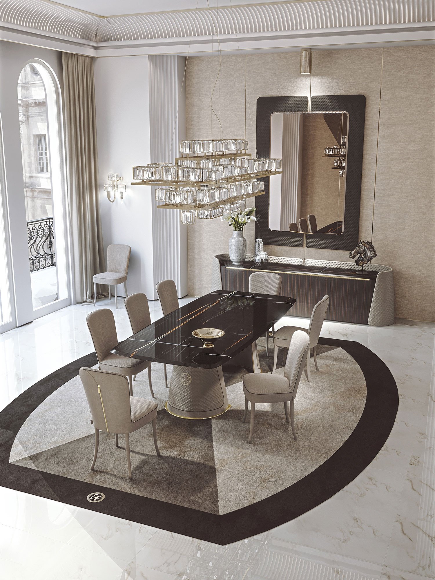 Patrizi tapis design haut de gamme en laine avec motif contrasté et logo VF en finition bijou. Disponible chez D-Style Interior.