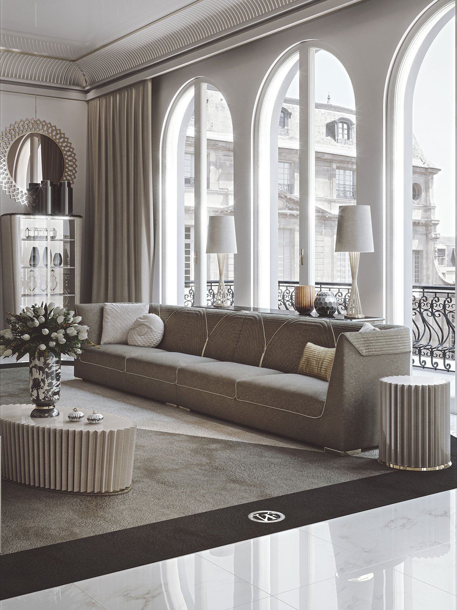 Patrizi tapis design haut de gamme en laine avec motif contrasté et logo VF en finition bijou. Disponible chez D-Style Interior.