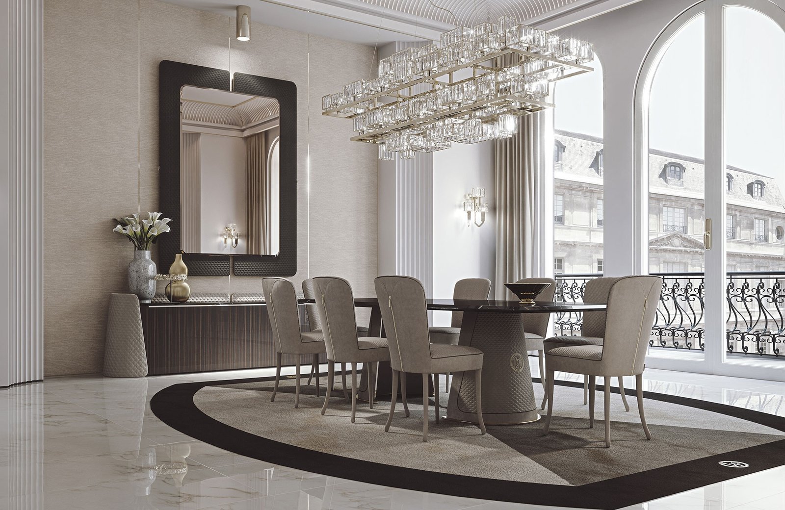 Patrizi tapis design haut de gamme en laine avec motif contrasté et logo VF en finition bijou. Disponible chez D-Style Interior.