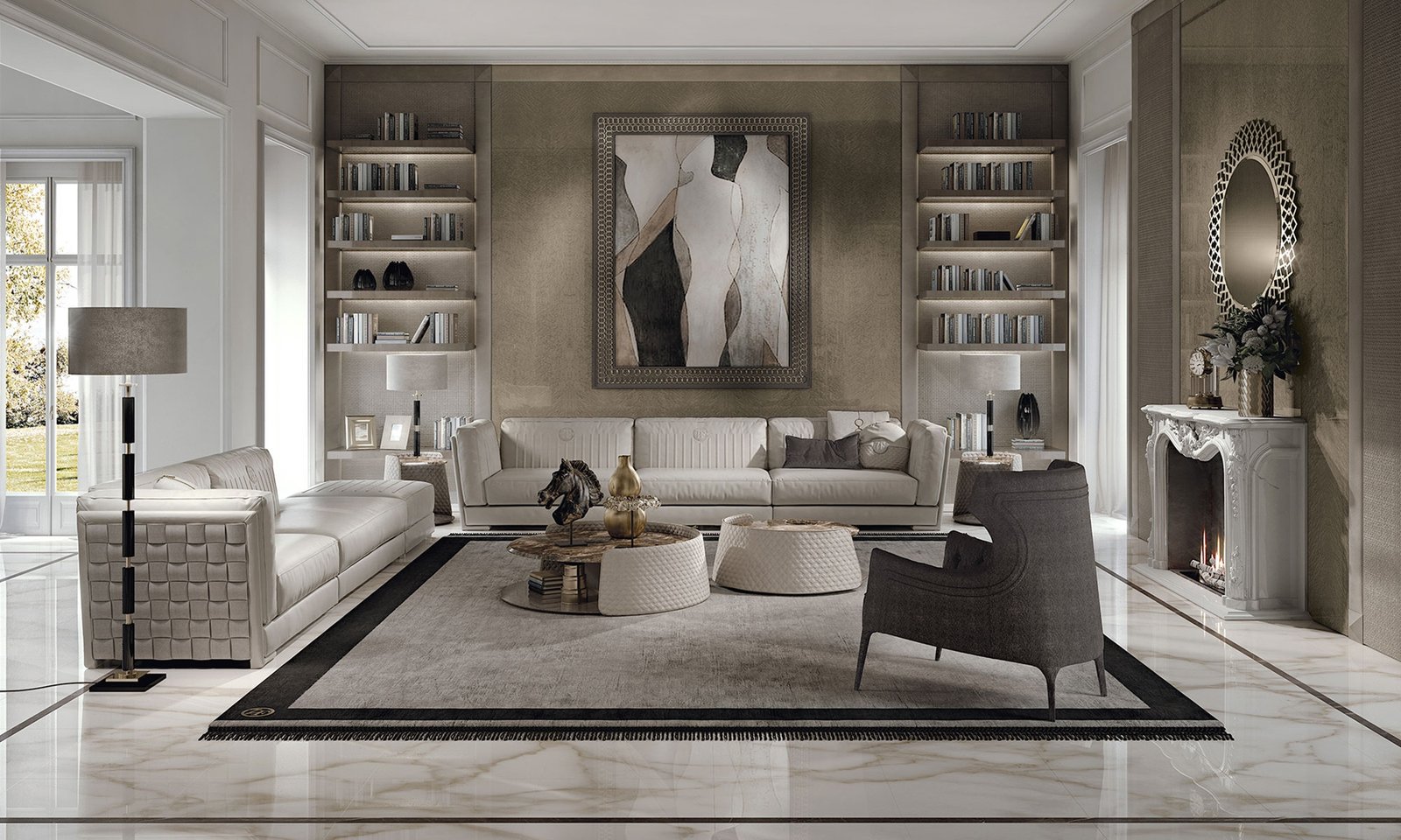 Pisani tapis design haut de gamme en laine tuftée avec cadre contrasté, logo VF et option franges. Disponible chez D-Style Interior.