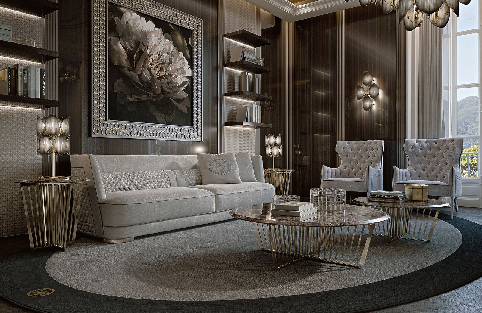 Pisani tapis design haut de gamme en laine tuftée avec cadre contrasté, logo VF et option franges. Disponible chez D-Style Interior.