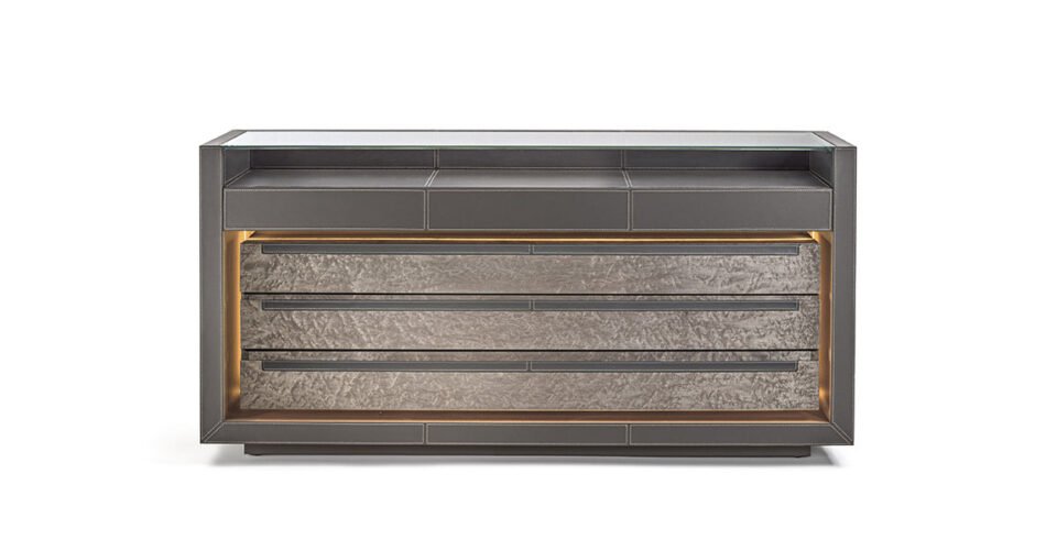 Lanza commode design haut de gamme en cuir avec finitions bois nobles et caisson en verre éclairé. Disponible chez D-Style Interior.